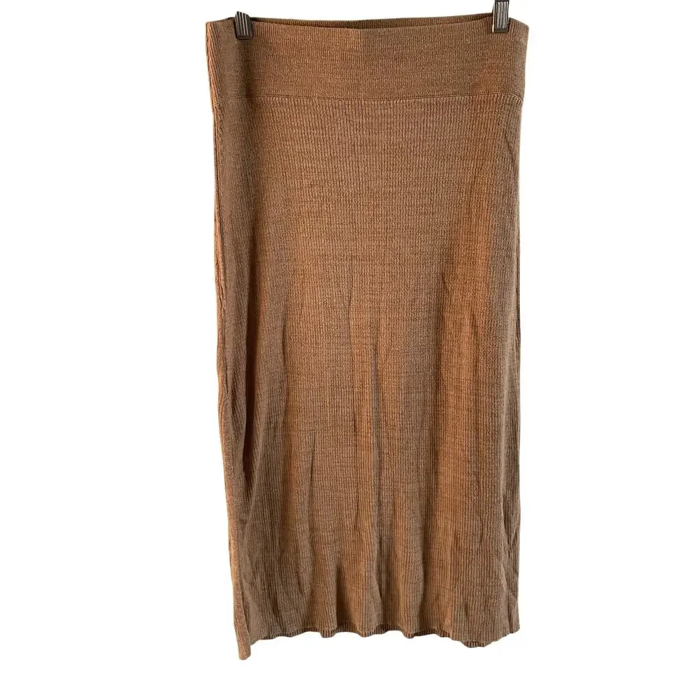 Free People Golden Hour Midi Skirt Ribbed Knit Tan Midi with Side Slit Size M
